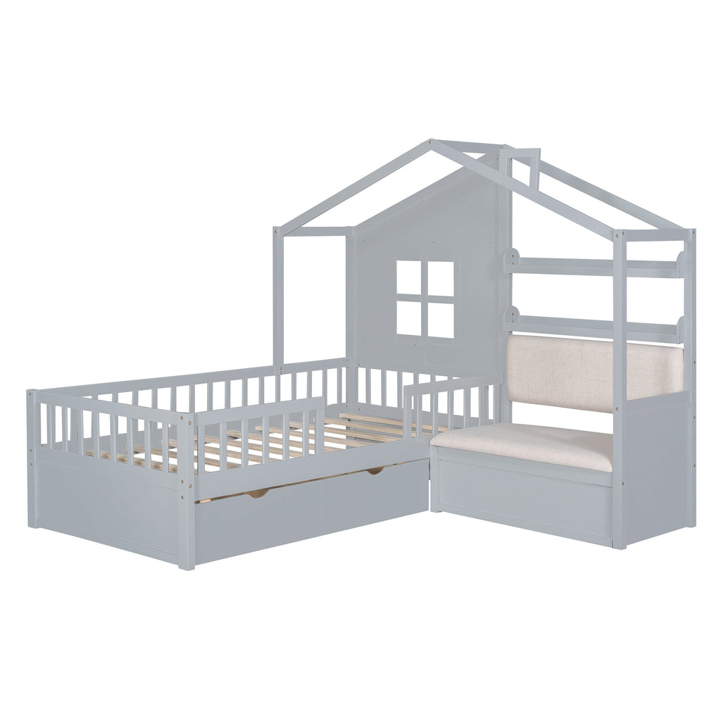 Twin Size House Bed with Sofa, Kids Platform Bed with Two Drawers and Storage Shelf, Gray (Old SKU:HL000065AAE)