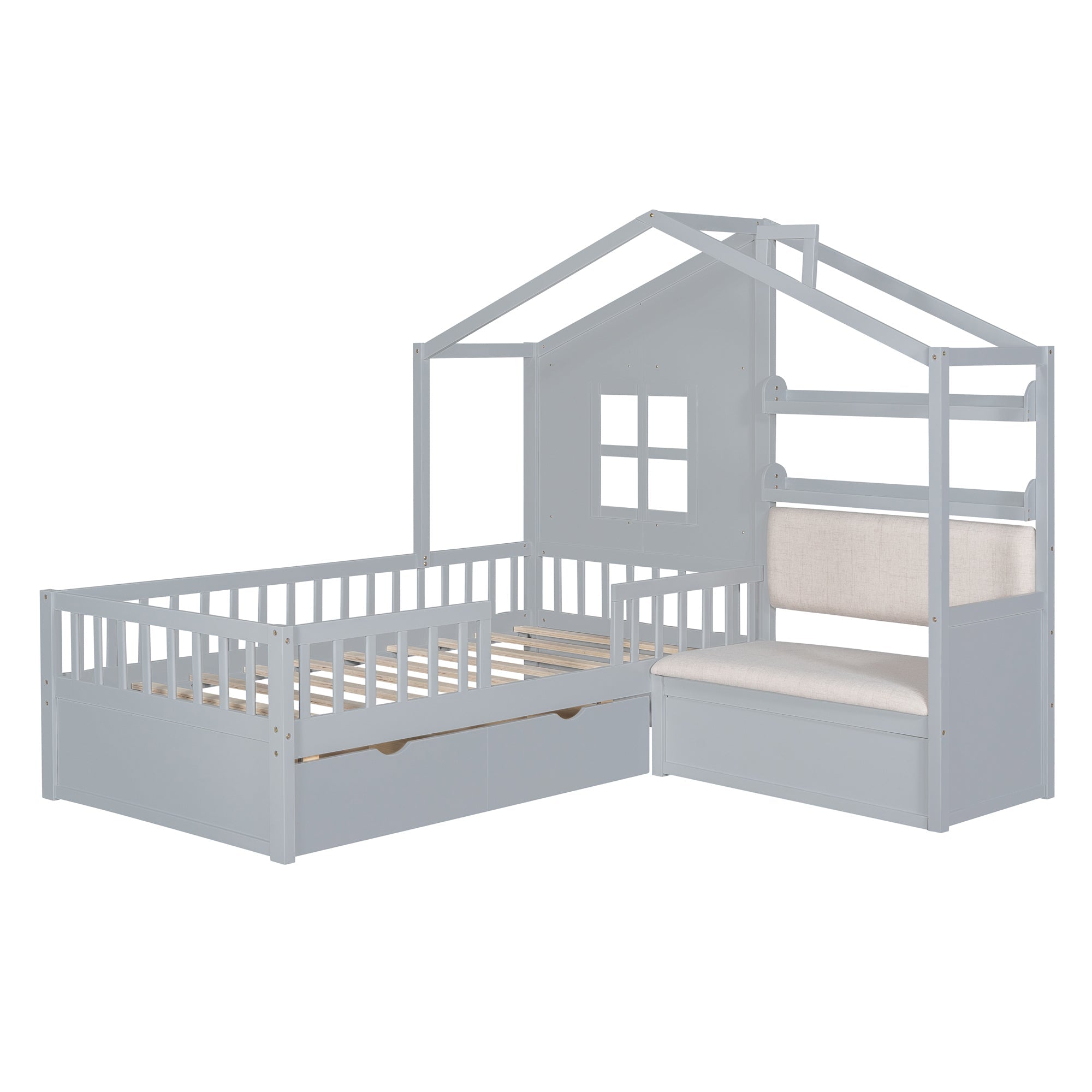 Twin Size House Bed with Sofa, Kids Platform Bed with Two Drawers and Storage Shelf, Gray (Old SKU:HL000065AAE)