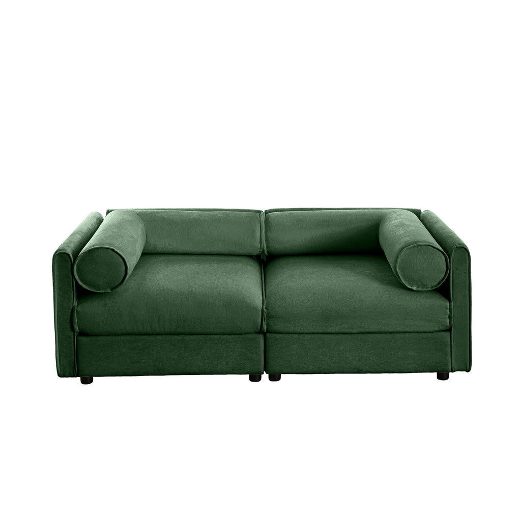 Stylish Green Chenille 2-Seater Sofa with Storage Seat, Cylindrical Backrest and Armrests, Modern Fabric Loveseat Featuring Hidden Storage Space