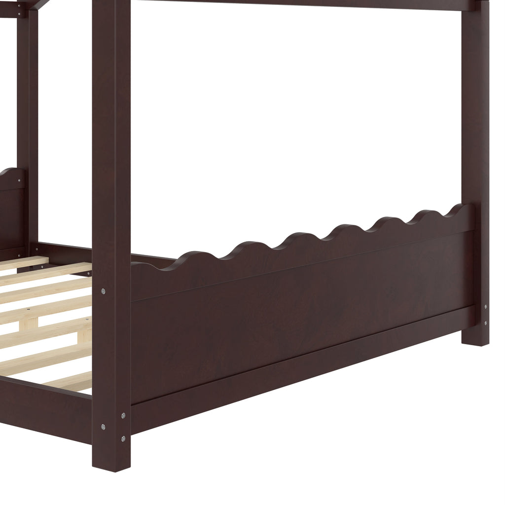Queen House Floor Bed with Support Slats, Solid Wood House Bed Frame for Kids, No Box Spring Needed and Opening Constructure, Espresso