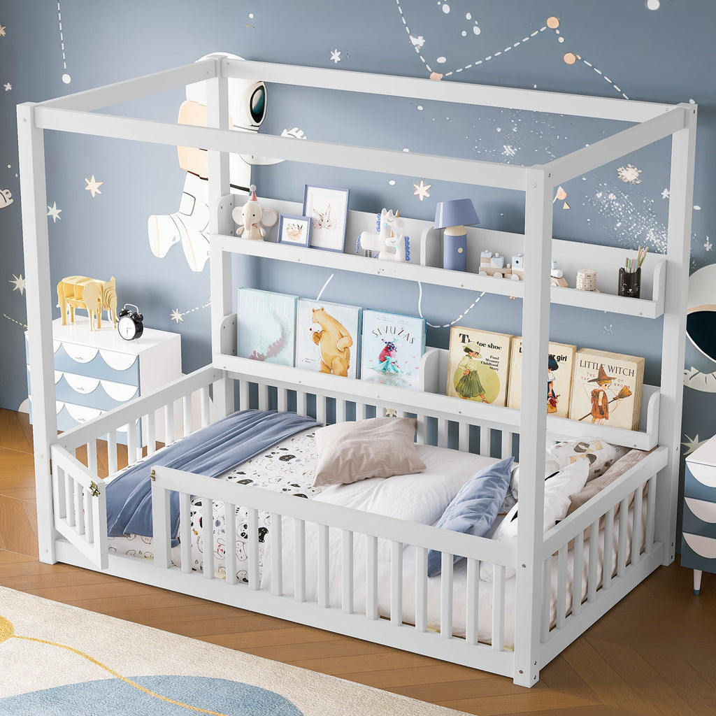 Twin Size Canopy Bed with Guardrails, Solid Wood Floor Bed with Shelves, Montessori Floor Bed Frame for Kids, Boys, Girls, No Spring Box Needed, White