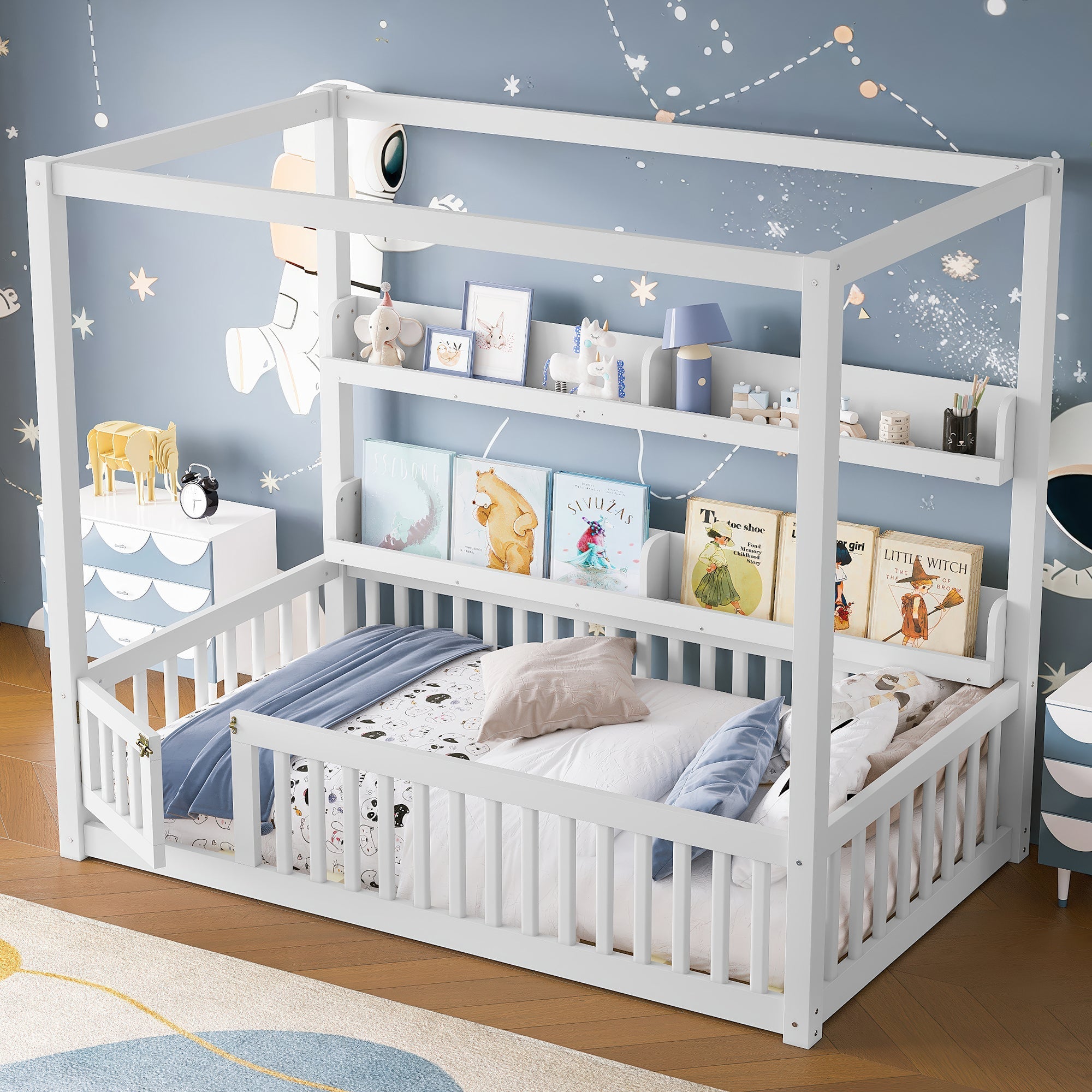 Twin Size Canopy Bed with Guardrails, Solid Wood Floor Bed with Shelves, Montessori Floor Bed Frame for Kids, Boys, Girls, No Spring Box Needed, White