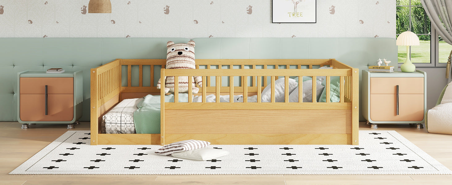 Full Floor Bed Frame with Fence, Montessori wooden children's floor bed,Wood Kids Floor Beds Frame for Bedroom Playroom,Natural