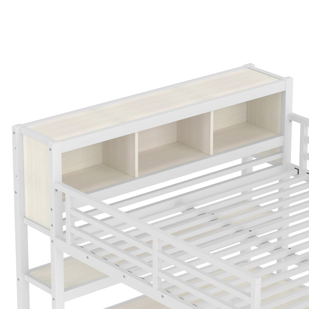 Metal Loft Bed with Wardrobe And L-shaped Desk, Queen Size Loft Bed with Storage Cubes and Shelves, Heavy Duty Loft Bed for Kids Teens Adults, White Wood-grain
