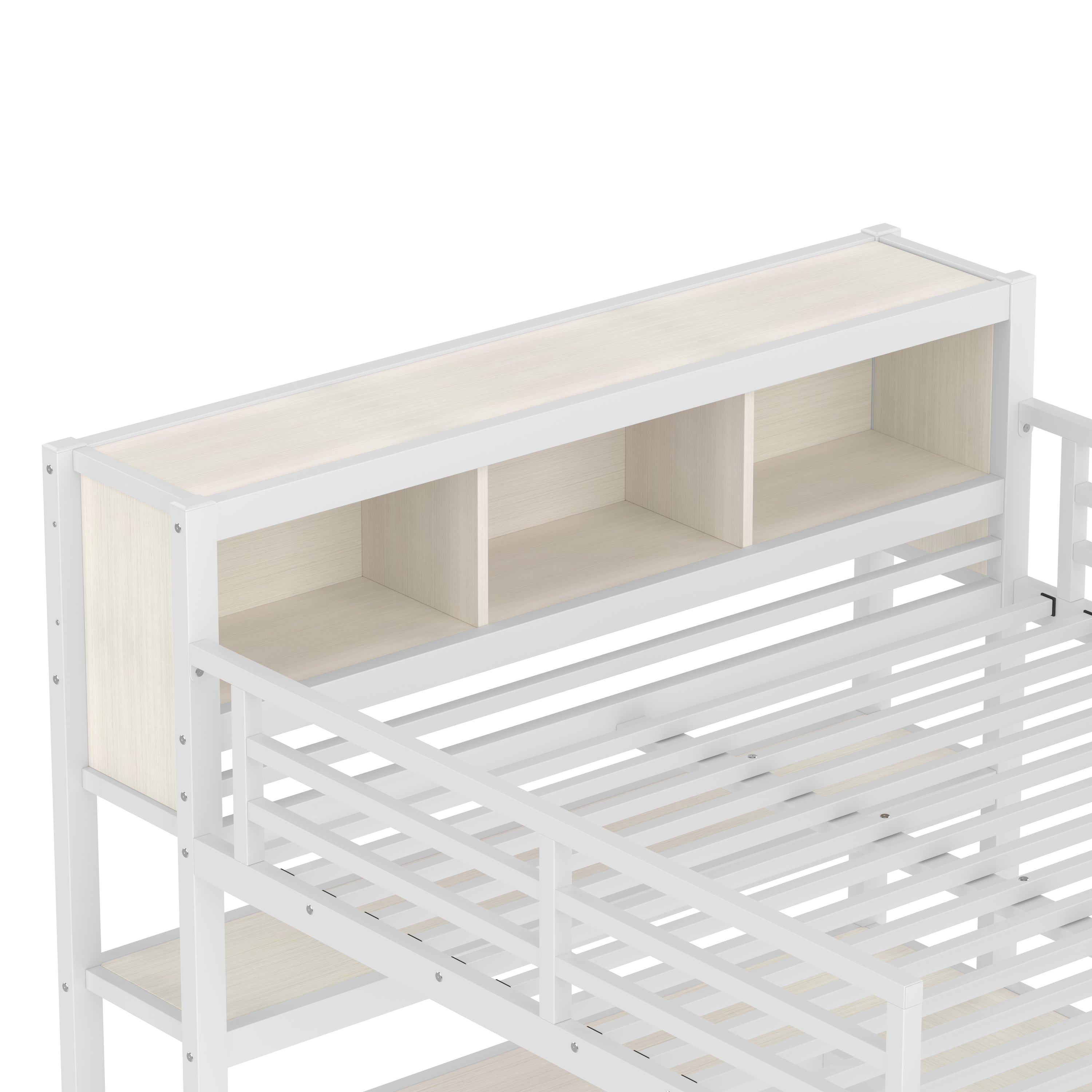 Metal Loft Bed with Wardrobe And L-shaped Desk, Queen Size Loft Bed with Storage Cubes and Shelves, Heavy Duty Loft Bed for Kids Teens Adults, White Wood-grain
