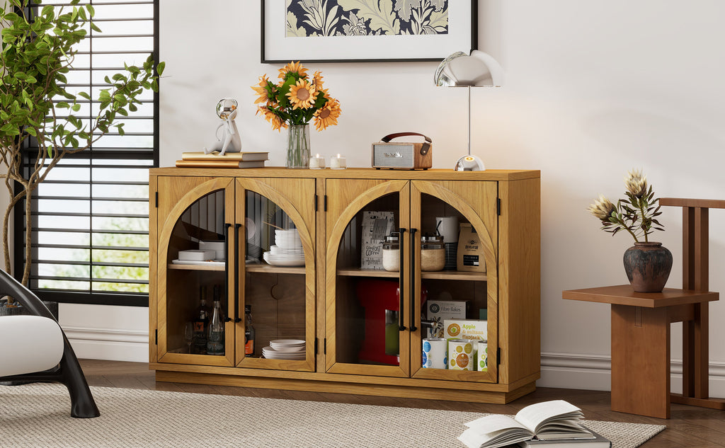 TREXM 4-Door Large Storage Sideboard Buffet Cabinet with Glass Doors, Arched Cabinet with Adjustable Shelves for Kitchen, Dining Room and Living Room (Natural Wood)