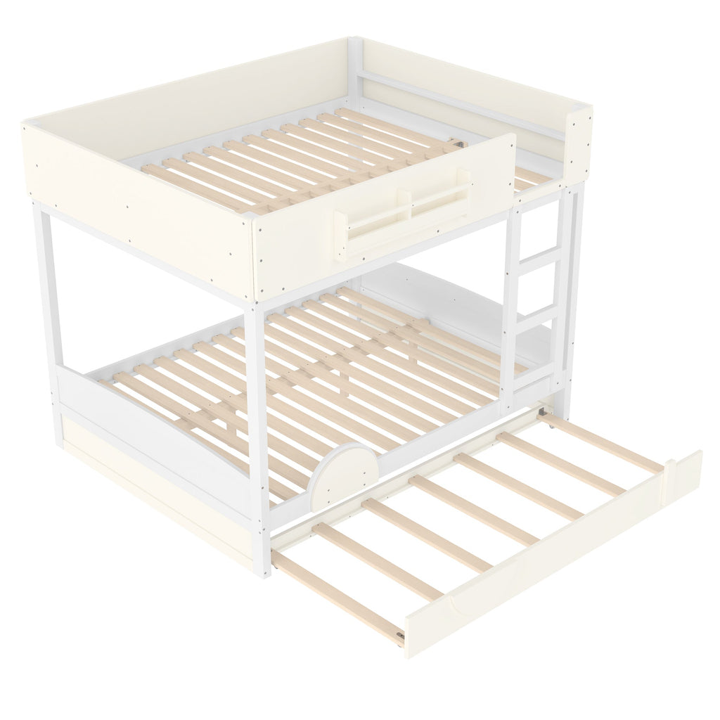 Queen Bunk Bed with Trundle , Wood Bunk Bed Frame with Built-in Bookshelf and High-quality Safety Guardrail,Automobile Form Design for Kids ,White＆ Beige.
