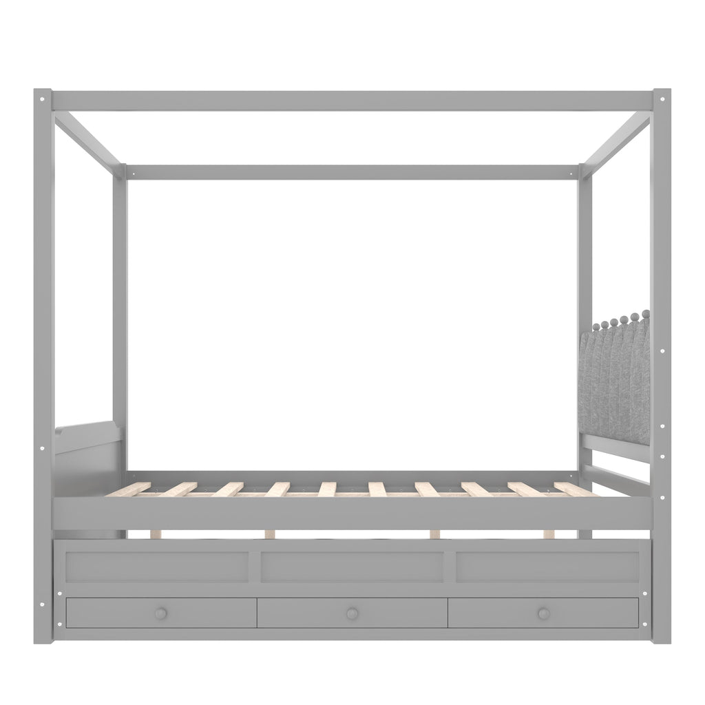 Full Platform Bed with Upholstered Headboard,Twin Size Trundle and 3 Drawers,Princess Canopy Bed Frame for Kids,Storage & Easy Assembly,Gray.