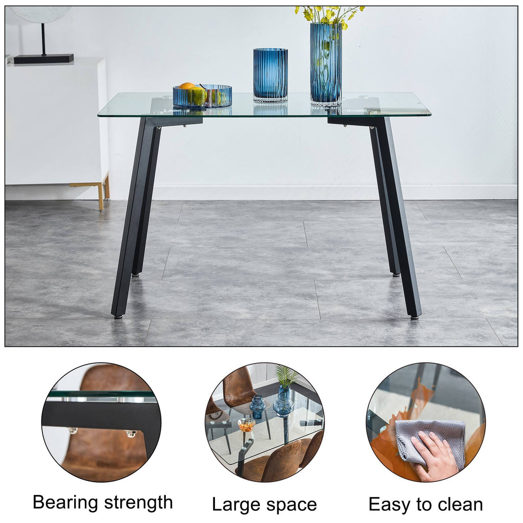Modern Minimalist Rectangular Glass Dining Table with 0.31' Tempered Glass Tabletop and Black Coating Metal Legs, Writing Table Desk, for Kitchen Dining Living Room, 51' W x 31'D x 30' H.W1151S01839