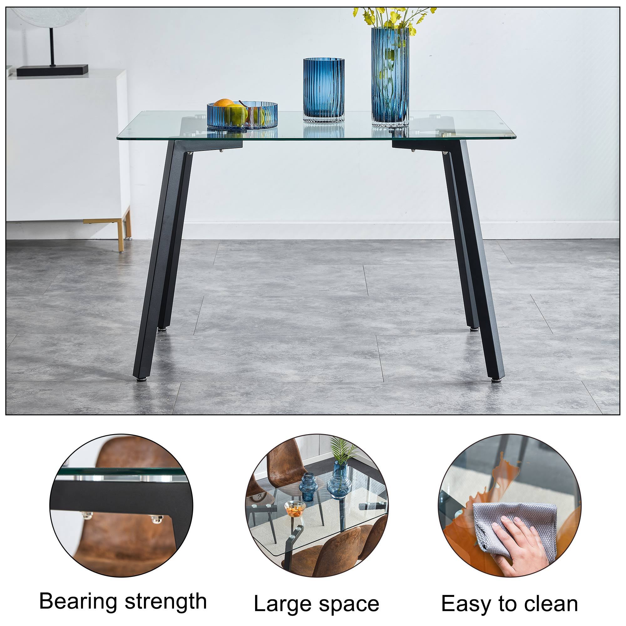 Modern Minimalist Rectangular Glass Dining Table with 0.31' Tempered Glass Tabletop and Black Coating Metal Legs, Writing Table Desk, for Kitchen Dining Living Room, 51' W x 31'D x 30' H.W1151S01839