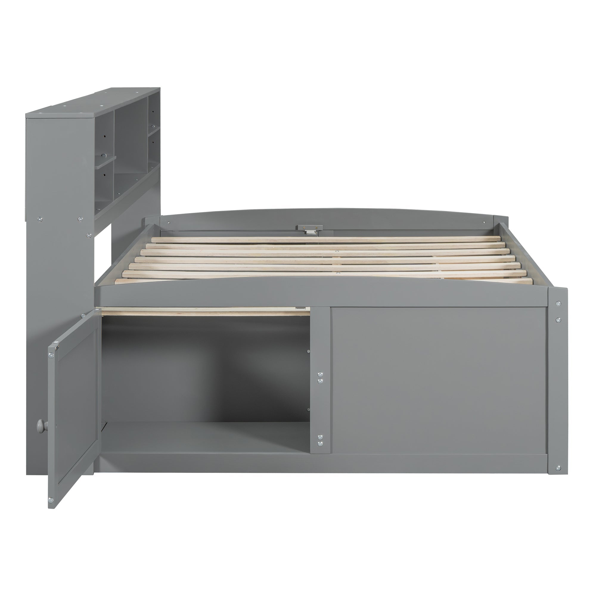 Full Size Wood Daybed with 2 Bedside Cabinets, Upper Shelves and 4 Drawers, Gray