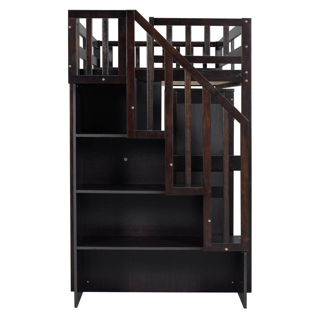 Twin Size Loft Bed with Stairs, Bookshelf, Drawers, Desk & Wardrobe – Space-Saving Multifunctional Furniture for Kids & Teens-Espresso