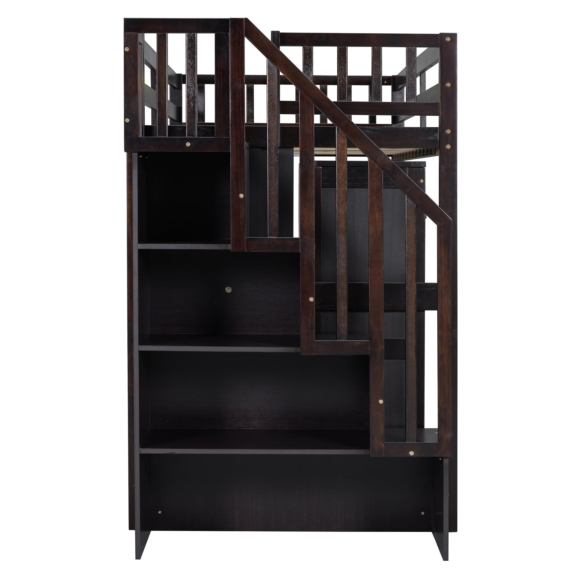 Twin Size Loft Bed with Stairs, Bookshelf, Drawers, Desk & Wardrobe – Space-Saving Multifunctional Furniture for Kids & Teens-Espresso