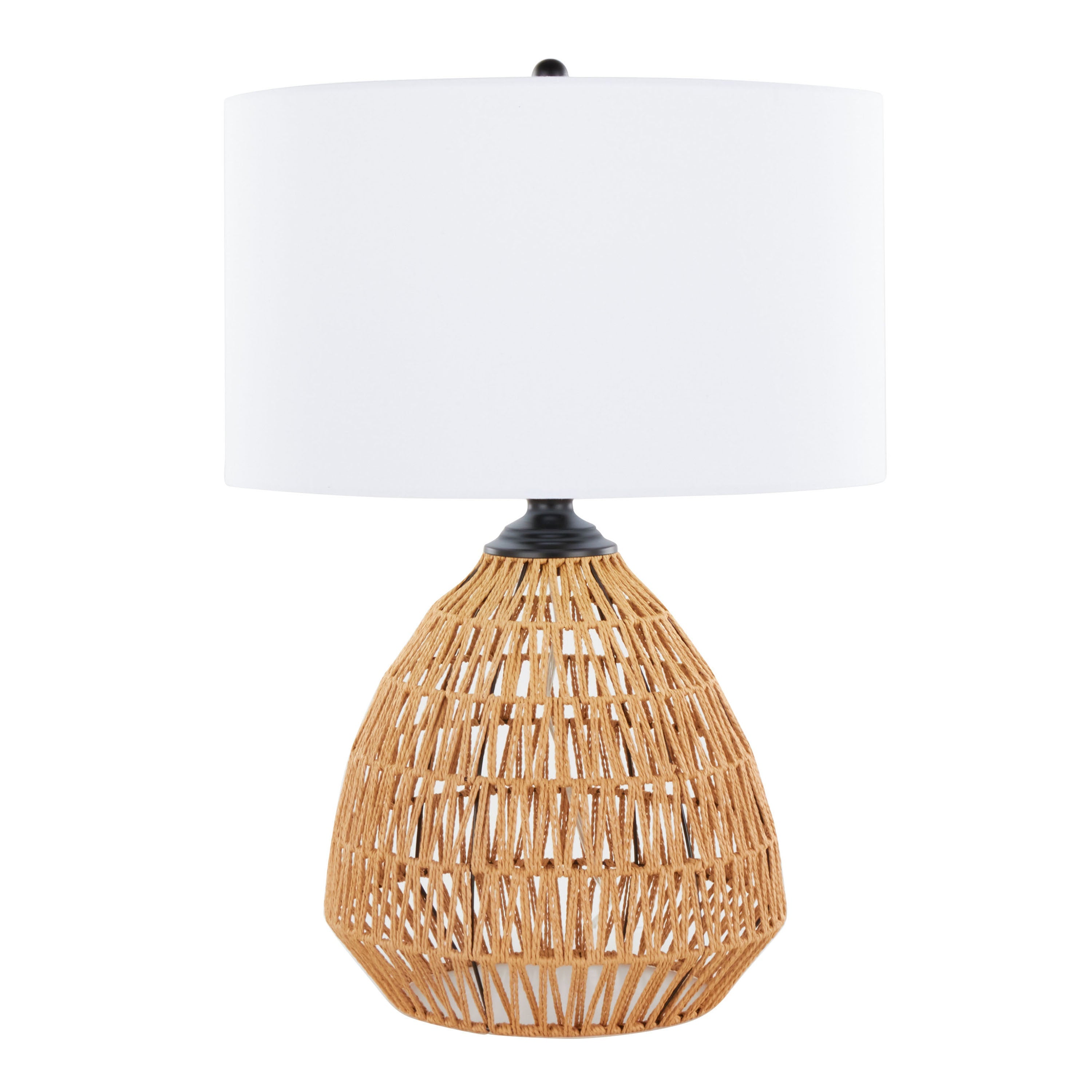 Congo 29' Contemporary Rattan Table Lamp in Natural Rope Rattan, Matte Black Metal and White Linen Shade from Grandview Gallery by LumiSource
