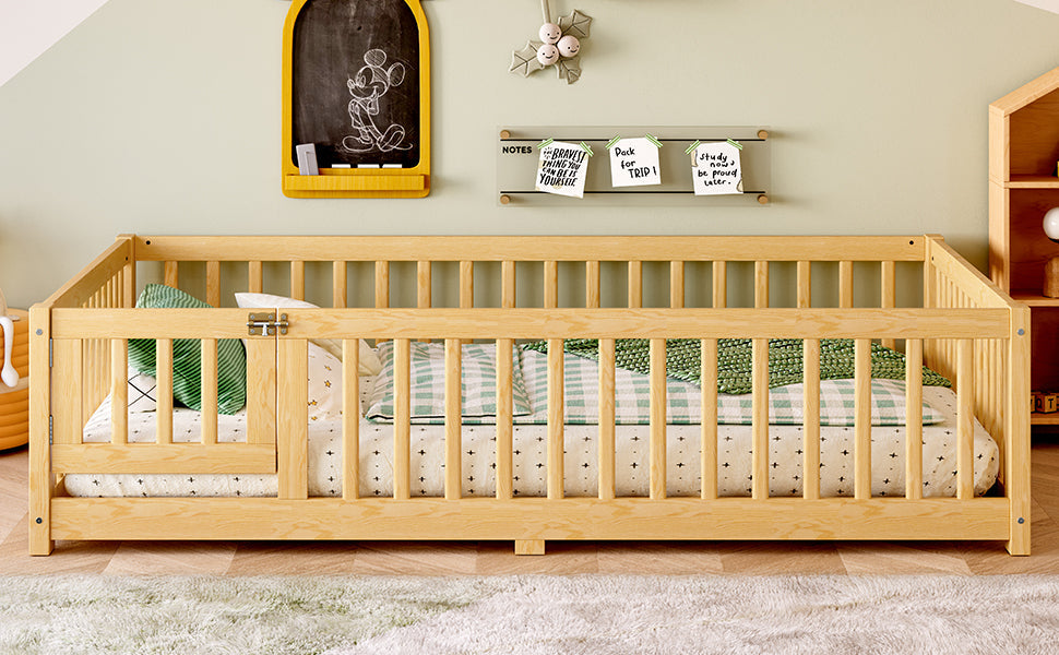 Full Size Bed Floor Bed with Safety Guardrails and Door for Kids, Natural(Old SKU:  W1580P154627)