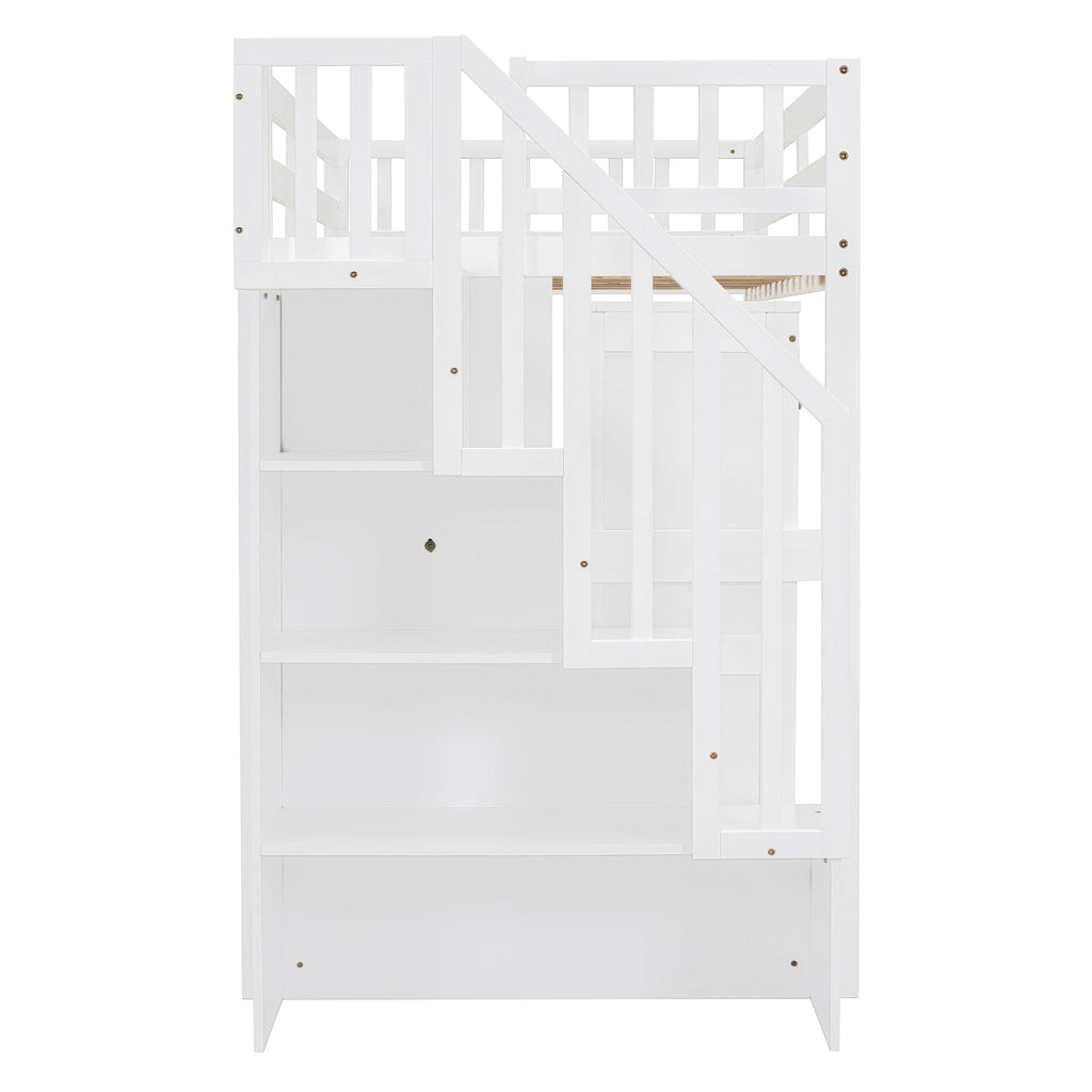 Twin Size Loft Bed with Stairs, Bookshelf, Drawers, Desk & Wardrobe – Space-Saving Multifunctional Furniture for Kids & Teens-White