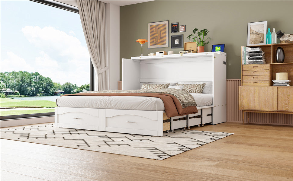Queen Size Murphy Bed Wall Bed with drawer and a set of Sockets & USB Ports, Pulley Structure Design, White(OLD SKU: LP100671AAK)
