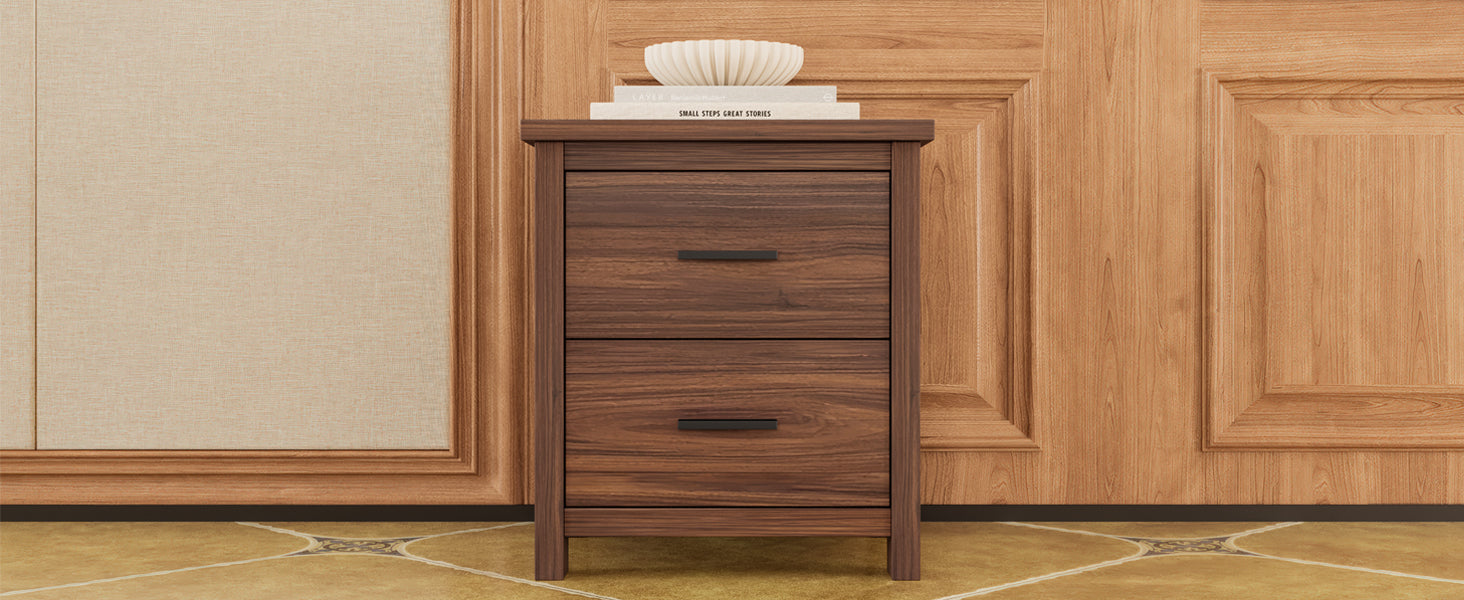 4PCS Bedroom Sets, Wooden Queen Size Bed Frame with Storage Headboard and Charging Station, 2 Nightstands with 2 Drawers, 1 Dresser with 5 Drawers, Walnut(old SKU HL000102AAD)