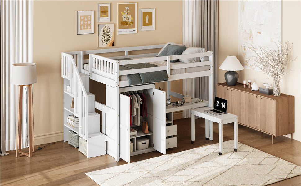 Full Size Loft Bed with Stairs, Bookshelf, Drawers, Desk & Wardrobe – Space-Saving Multifunctional Furniture for Kids & Teens-White