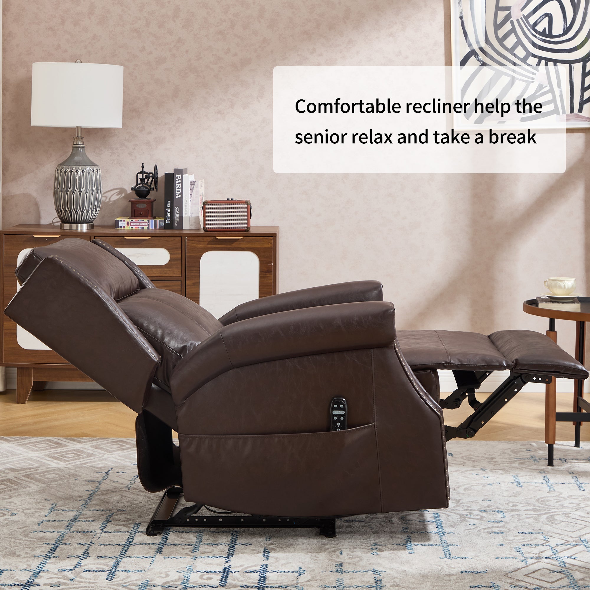 Brown Manual Recliner Chair in Faux Leather for Living Room with Heavy Duty Motion Mechanism, 8 vibrating nodes and 3 massage modes