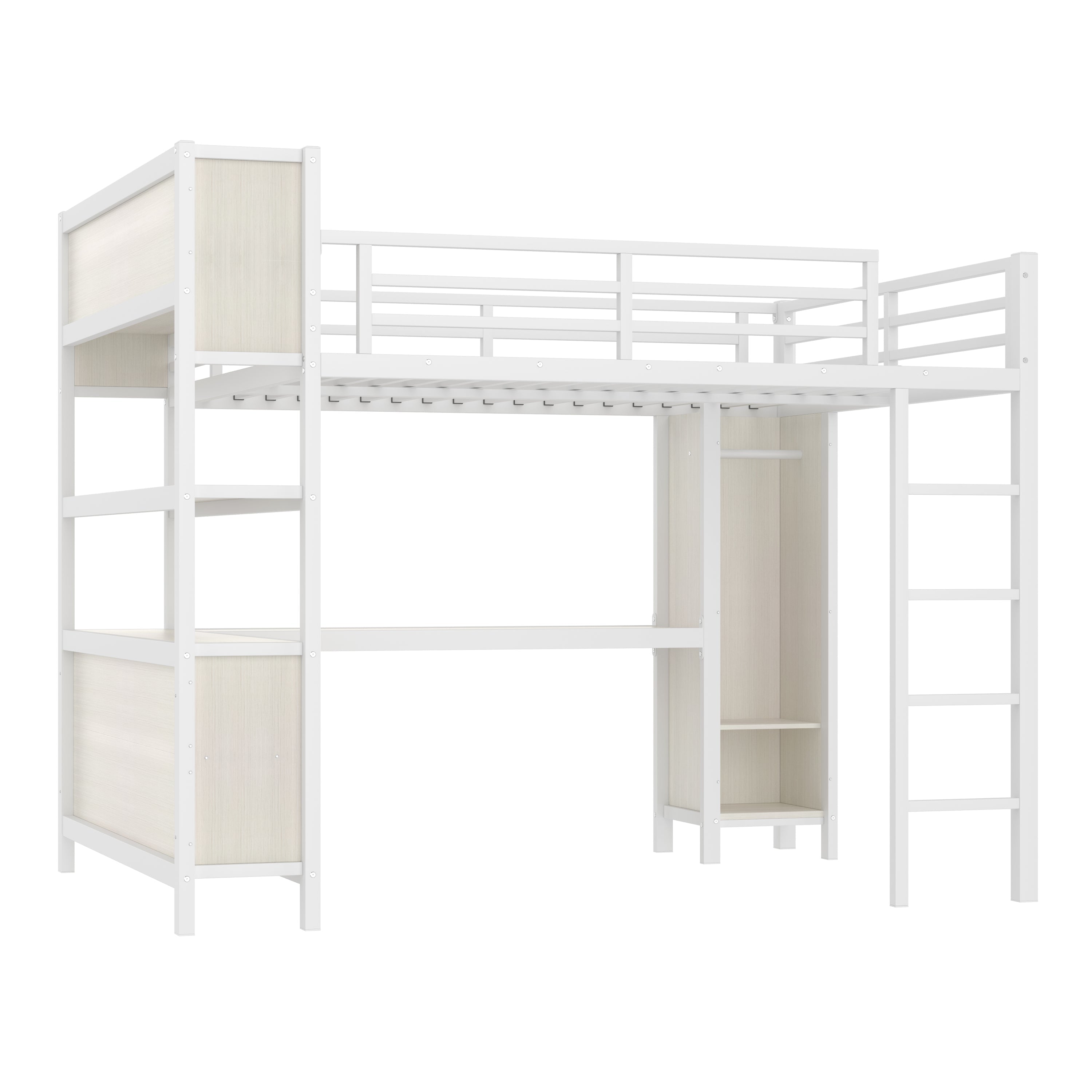 Metal Loft Bed with Wardrobe And L-shaped Desk, Queen Size Loft Bed with Storage Cubes and Shelves, Heavy Duty Loft Bed for Kids Teens Adults, White Wood-grain