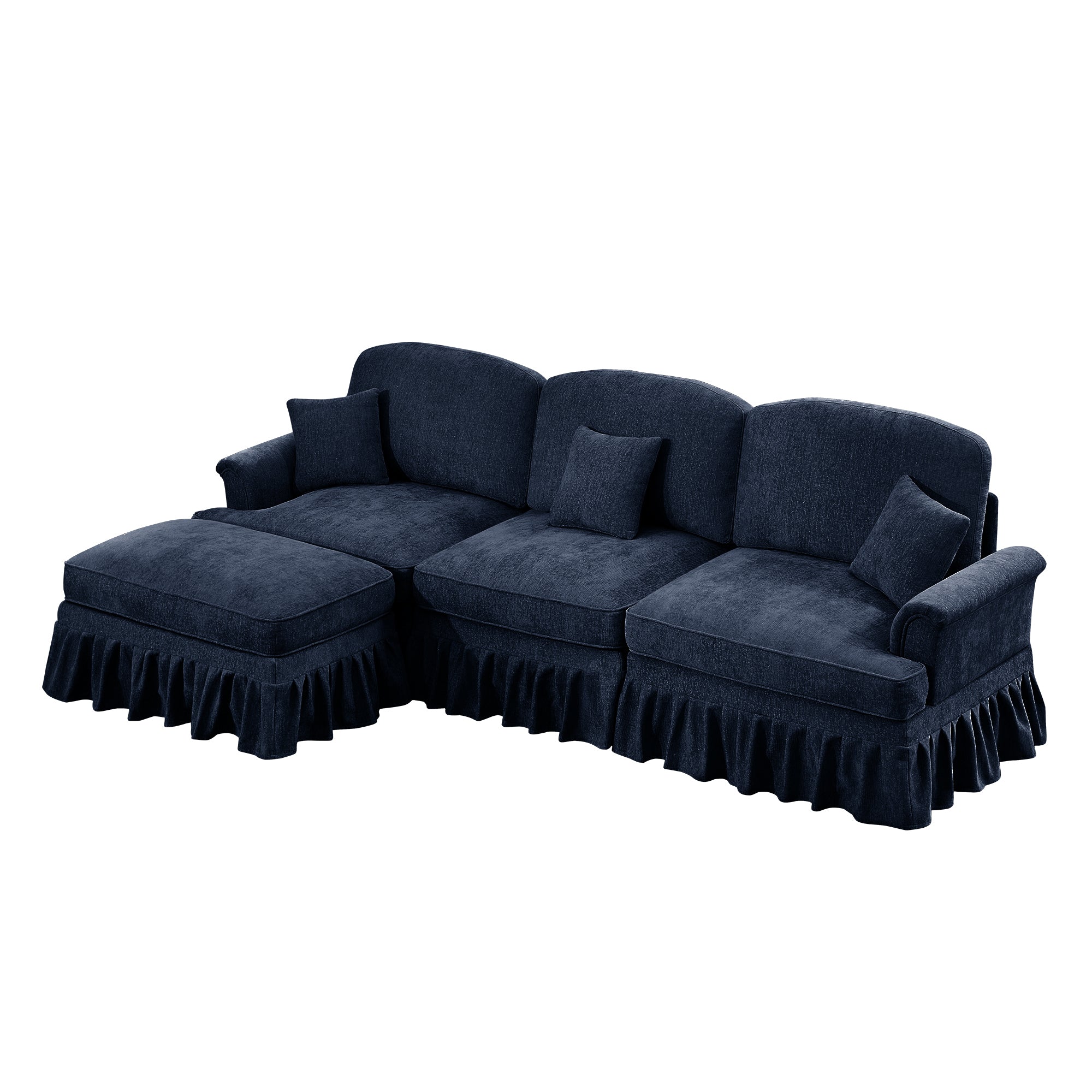 Mid Century Three Seater Modular L Shaped Sectional Couch with Flared Arms and Removable Ruffles Pleats Skirts and Spindle Legs, Comfy Chenille 3-Seat Deep Seat Sofa with Movable Ottoman,Blue
