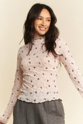 Davi & Dani Ribbon Bow Lace Hem Long Sleeve Mesh Layering Top