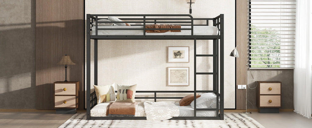 Metal Bunk Bed, Twin XL over Twin XL Floor Bunk Bed Frame, Heavy-Duty Bunk Bed for Kids, Teens, Adults, Noise-reduced Design, Black