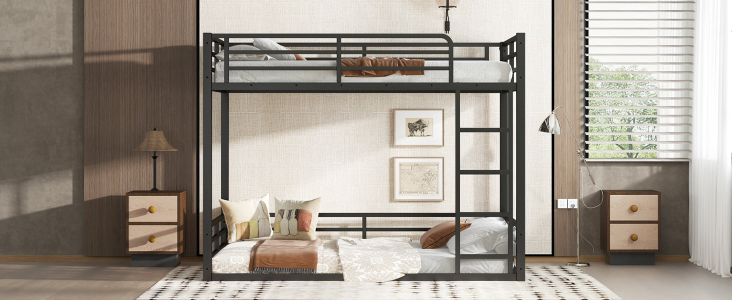 Metal Bunk Bed, Twin XL over Twin XL Floor Bunk Bed Frame, Heavy-Duty Bunk Bed for Kids, Teens, Adults, Noise-reduced Design, Black