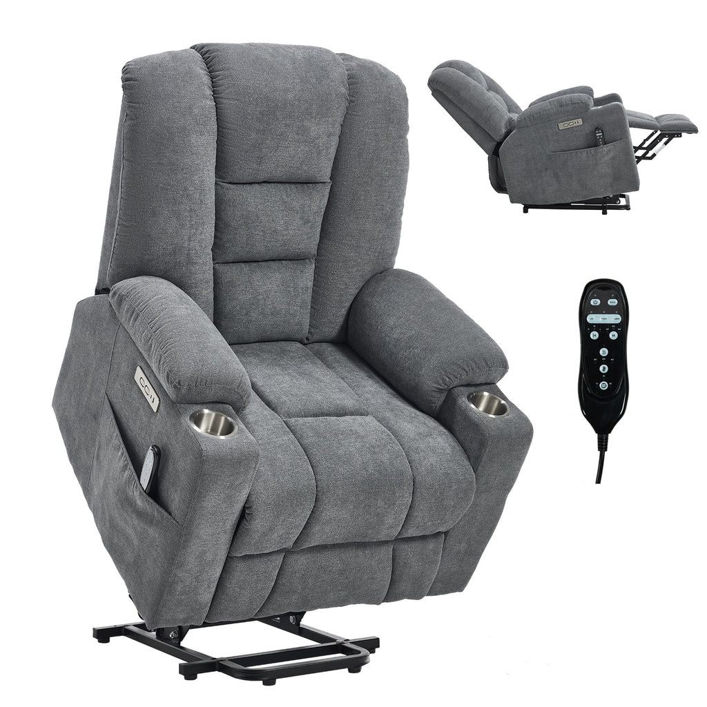Lift Recliner Chair with Massage and Heat for Elderly, Overstuffed Wide Recliners, Heavy Duty Motion Mechanism with USB and Type C Ports, 2 Steel Cup Holders, Blue Grey