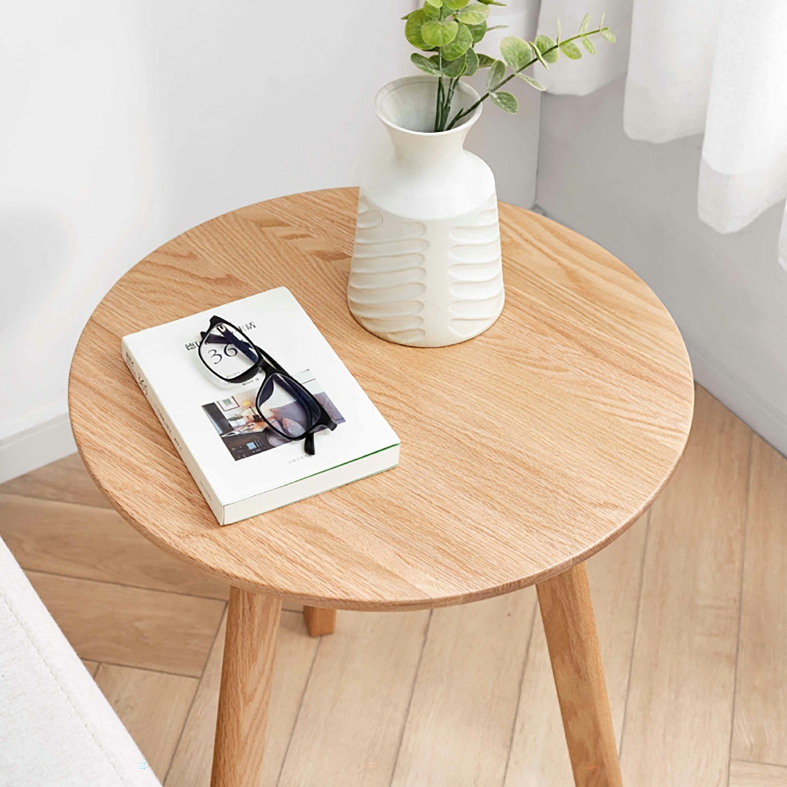 Round End Table- Small End Table Side Table Coffee Table Bedside Table Night Stand for Living Room Bedroom & Balcony, 100% Natural Solid Oak Wood Easy to Assemble
