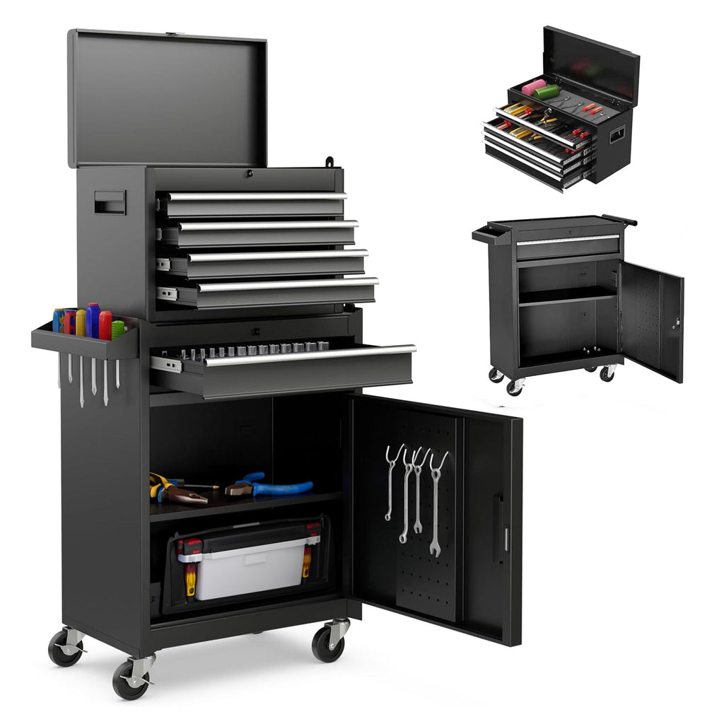 Tool Chest, 5-Drawer Rolling Tool Storage Cabinet with Detachable Top Tool Box, Liner, Universal Lockable Wheels, Adjustable Shelf, Locking Mechanism, Metal Tool Cart ,154pcs tools