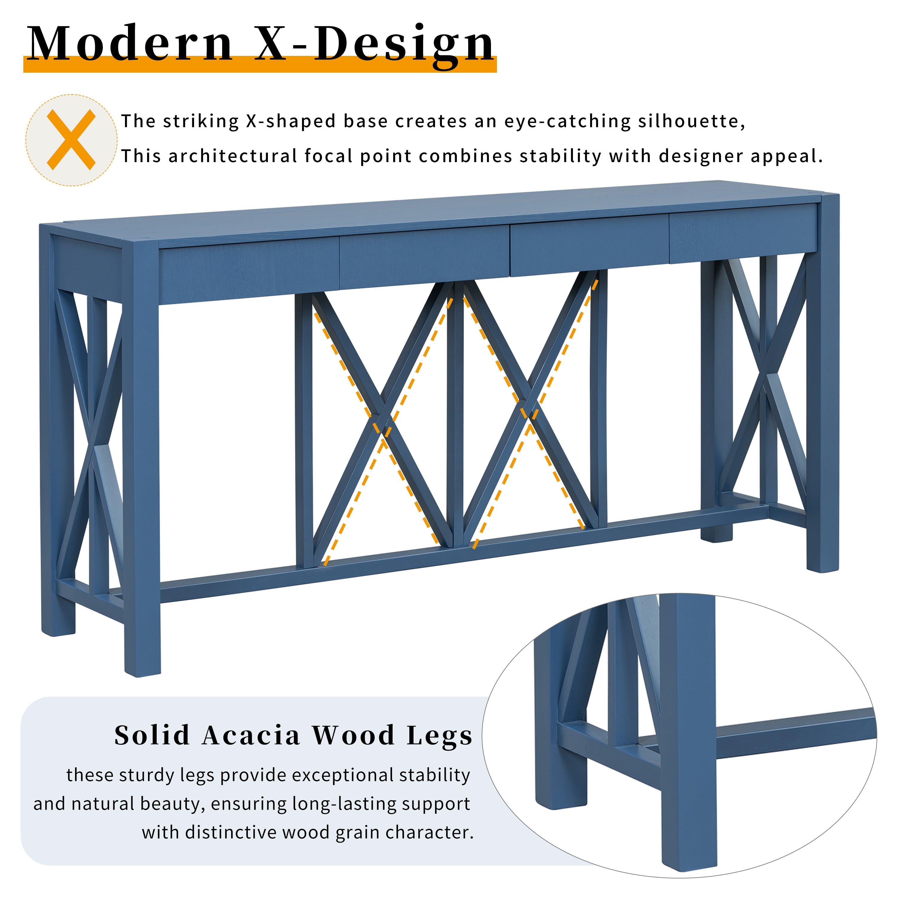 U_Style 60''Acacia Veneer Console Table with 4 Spacious Drawers, Modern Crisscross Design Entryway Table with Open Bottom Storage,Farmhouse Sofa Table for Living Room,Kitchen,Dining Room,Hallway