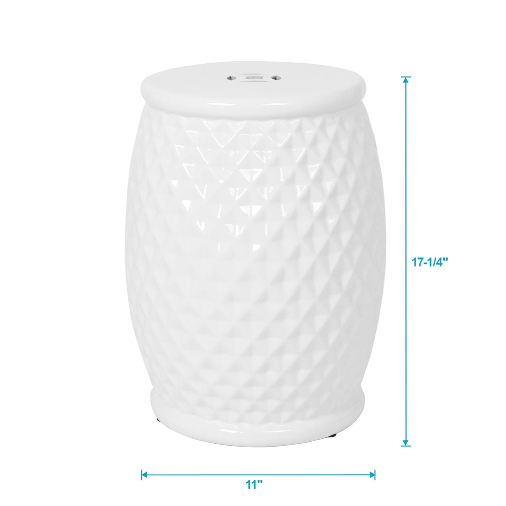 Glazed Ceramic Drum Stool - Indoor/Outdoor Side Table - White Ceramic 11 x 17.25 Inches