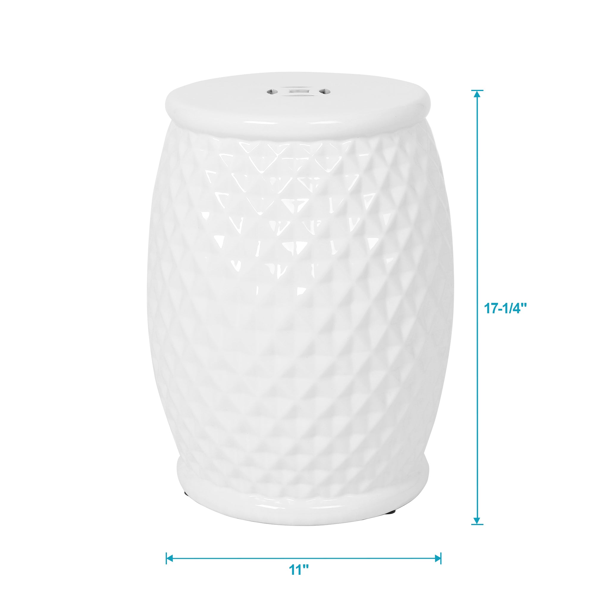 Glazed Ceramic Drum Stool - Indoor/Outdoor Side Table - White Ceramic 11 x 17.25 Inches