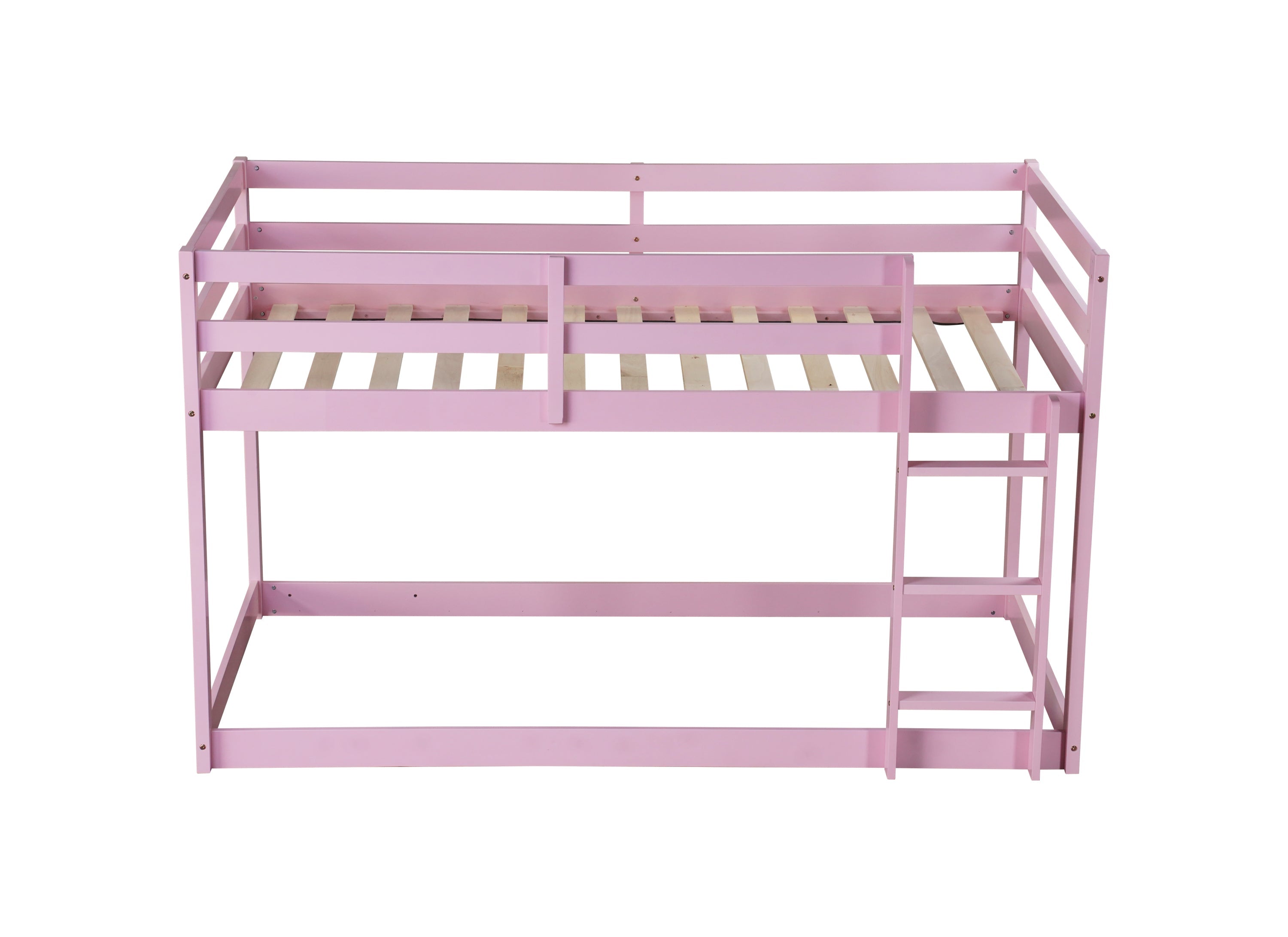 Solid Wooden, Solid Rubber Wooden Twin over Twin Floor Bunk Bed with Ladder, with Bed Platform of Strengthened Slats , Pink