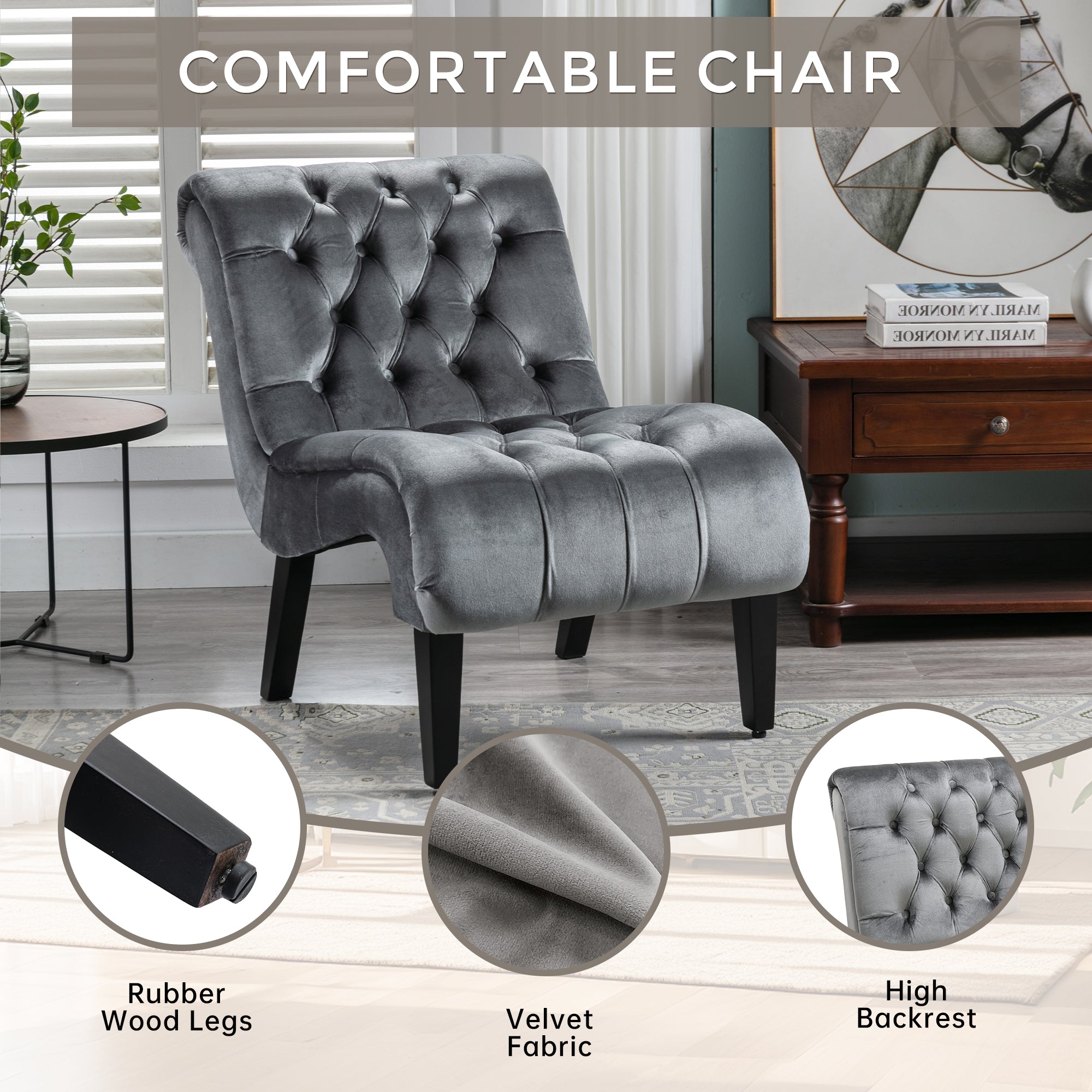 COOLMORE Modern Velvet Armless Accent Living Room Chair / Leisure Chair,Upholstered Fabric Button Comfortable Chair with Wooden Legs for Bedroom, Living Room, Office (Silver Velvet)