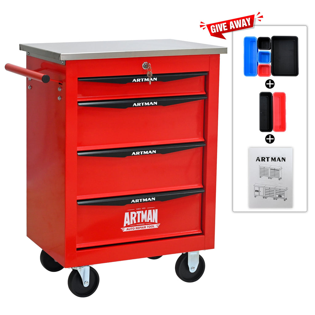 4 Drawers Multifunctional Tool Cart with Wheels,Metal Rolling Tool Cart Storage for Garage Workshop Warehouse Repair Shop--With  Stainless Steel Roof- Red&Black