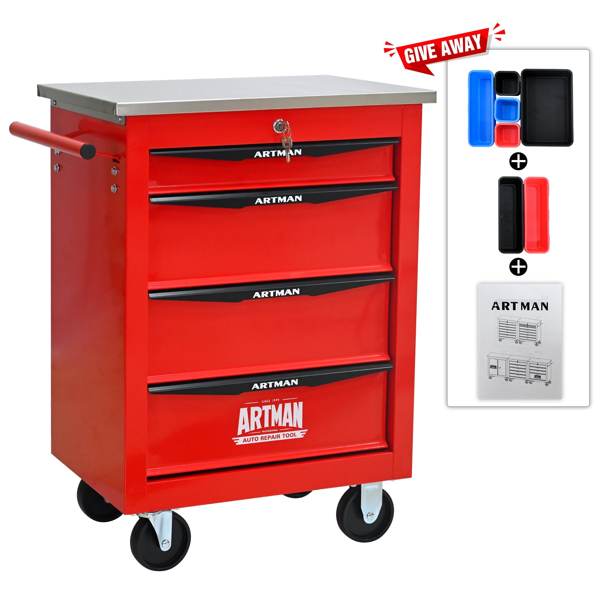 4 Drawers Multifunctional Tool Cart with Wheels,Metal Rolling Tool Cart Storage for Garage Workshop Warehouse Repair Shop--With  Stainless Steel Roof- Red&Black