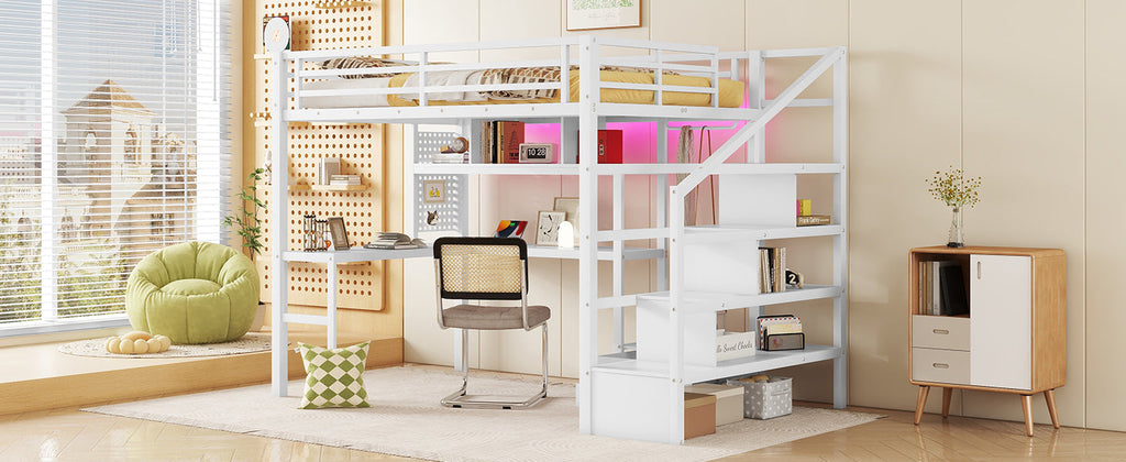 Full Size Loft Bed with LED Light & Charge Station, Metal Loft Bed with Desk and Staircase, Loft bed with Wardrobe for Kids, White (Expect Arrival Date 2025/4/30)