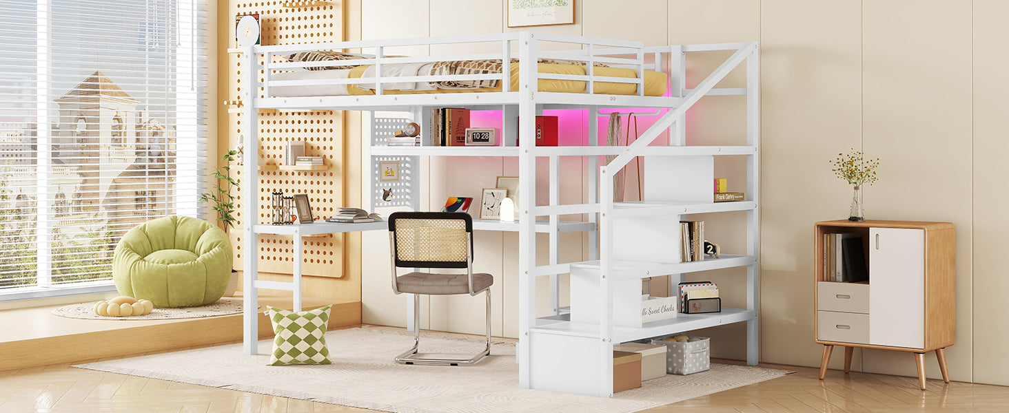 Full Size Loft Bed with LED Light & Charge Station, Metal Loft Bed with Desk and Staircase, Loft bed with Wardrobe for Kids, White (Expect Arrival Date 2025/4/30)
