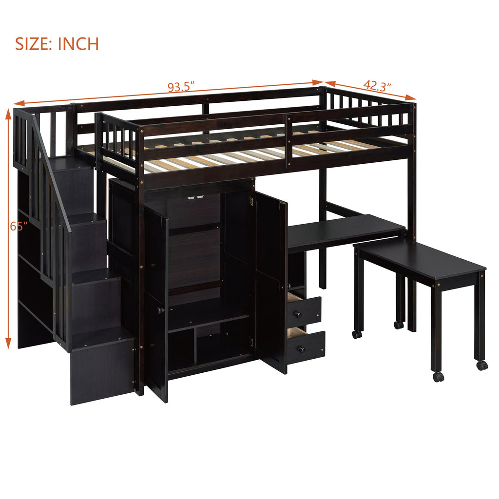 Twin Size Loft Bed with Stairs, Bookshelf, Drawers, Desk & Wardrobe – Space-Saving Multifunctional Furniture for Kids & Teens-Espresso