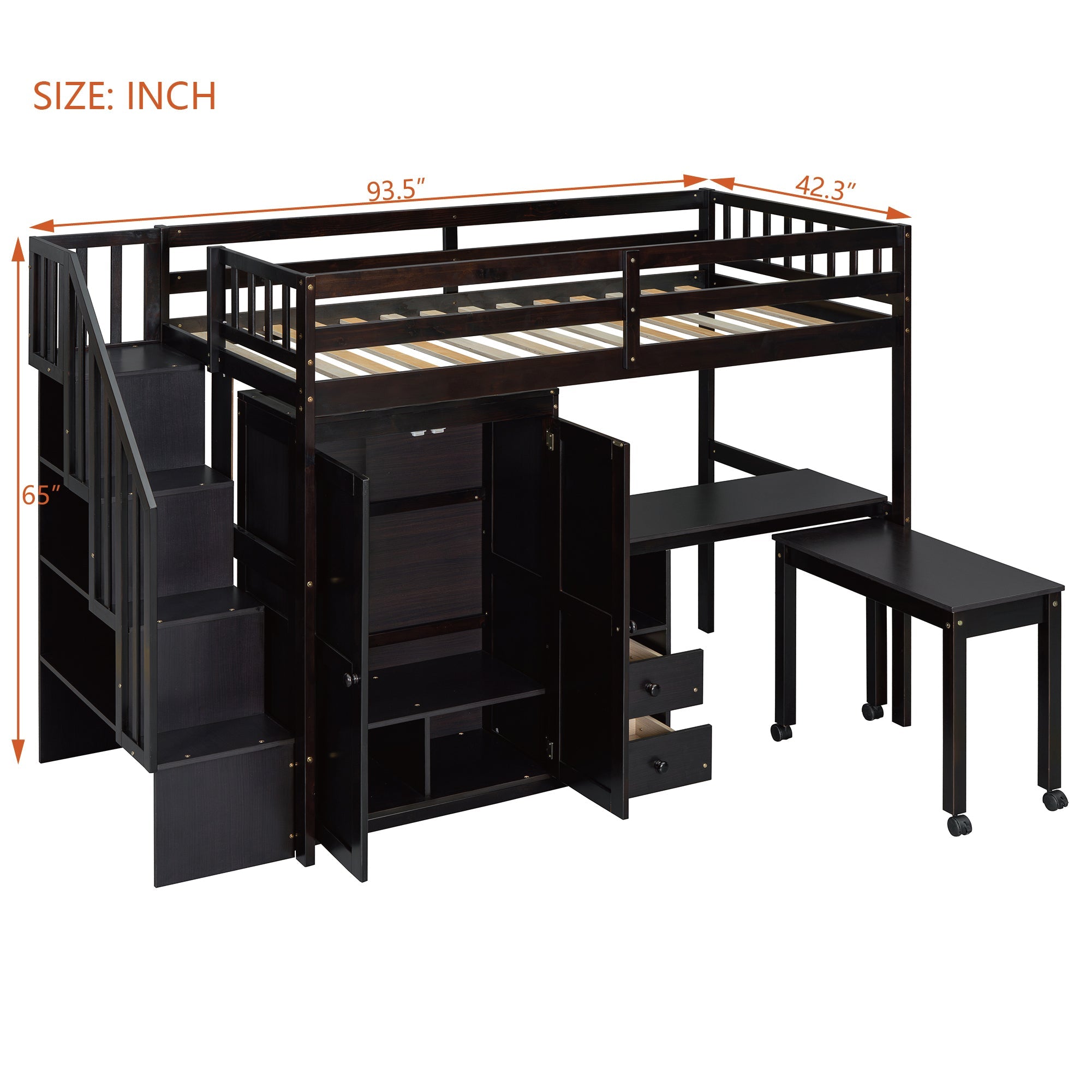 Twin Size Loft Bed with Stairs, Bookshelf, Drawers, Desk & Wardrobe – Space-Saving Multifunctional Furniture for Kids & Teens-Espresso