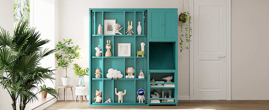 Twin Size Rotating Wall Murphy Beds with Bookshelf, Top Cabinet, Extendable Desk & Side Storage, Teal