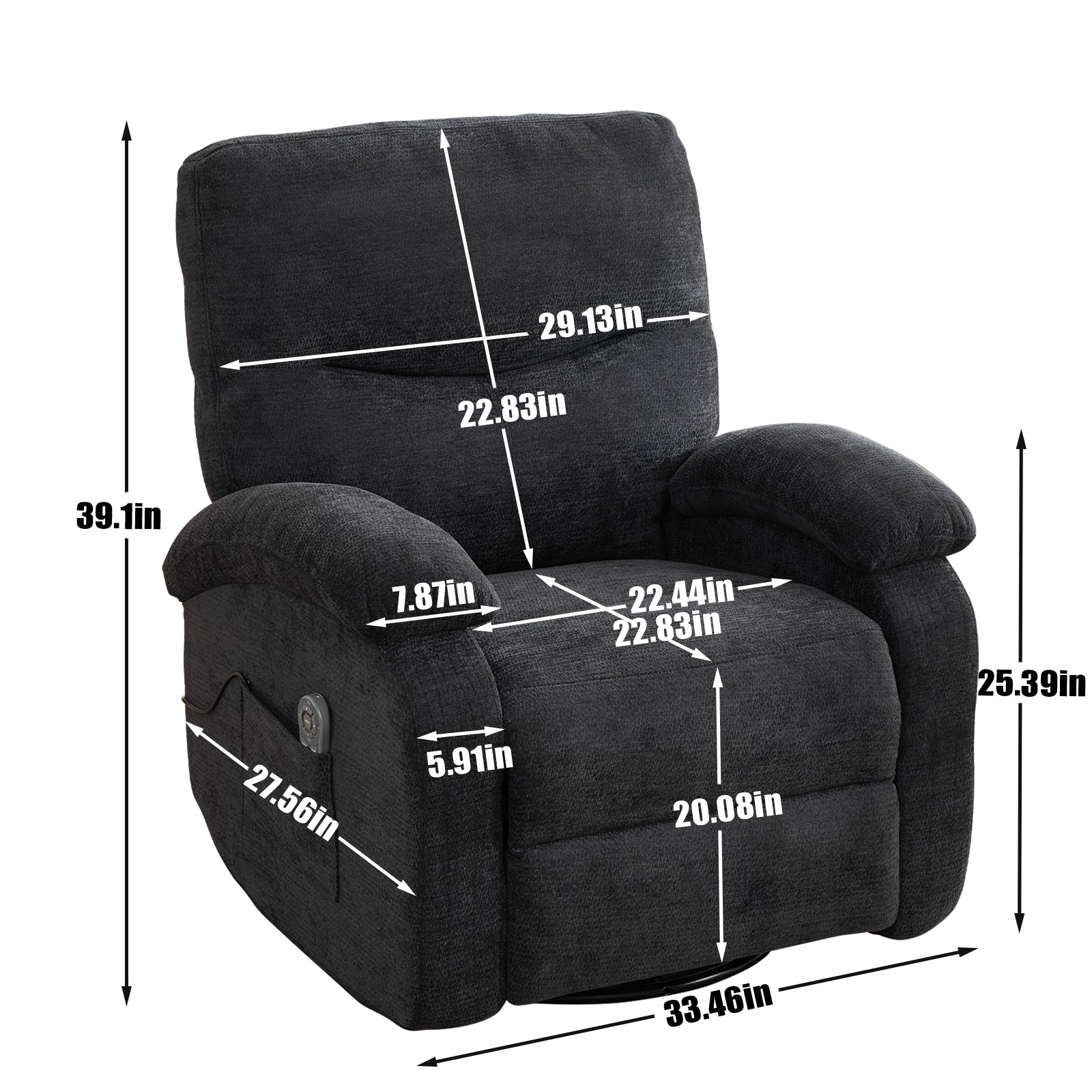 Hot massage manual lounge chair, with rocker arms and rotating fabric, with cup bucket, for living room, black