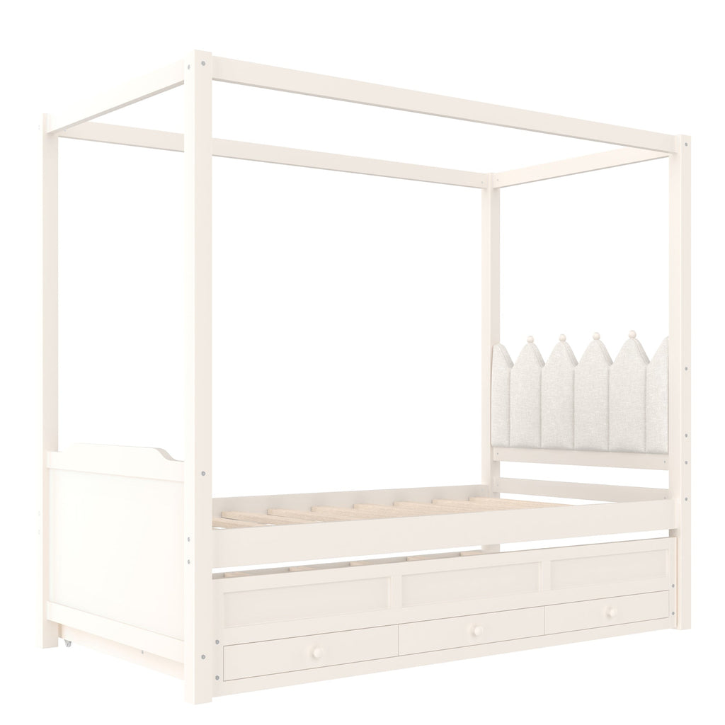 Twin Platform Bed with Upholstered Headboard,Twin Size Trundle and 3 Drawers,Princess Canopy Bed Frame for Kids,Storage & Easy Assembly,Beige