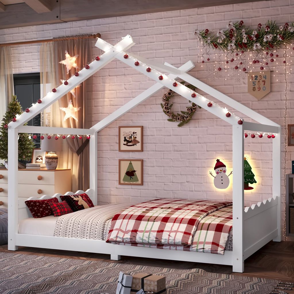 Full House Floor Bed with Support Slats, Solid Wood House Bed Frame for Kids, No Box Spring Needed and Opening Constructure, White