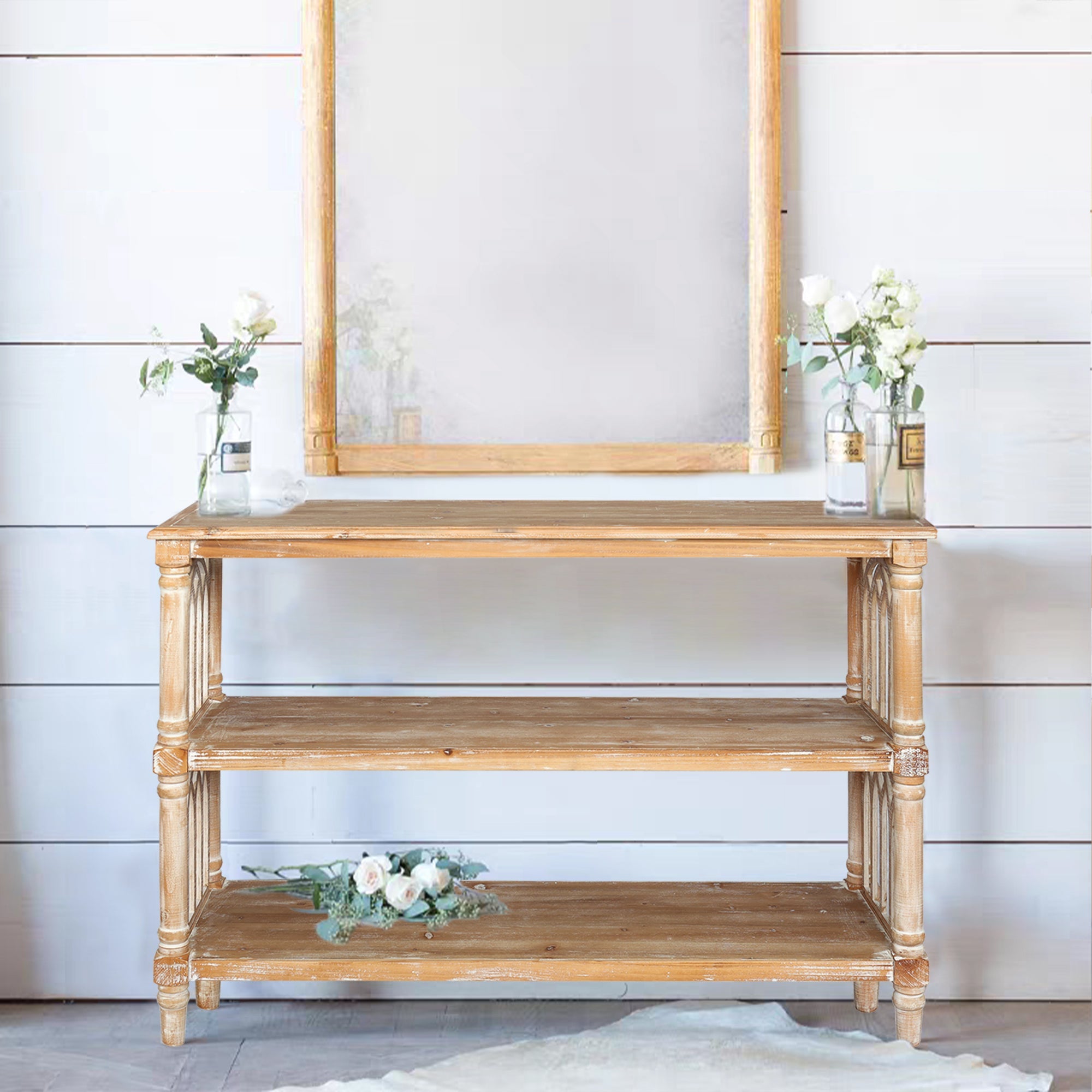 Rustic 3 - Tier Console Table with Gothic - Inspired Details, 47.24' Long Wooden Entryway Table for Living Room and Hallway
