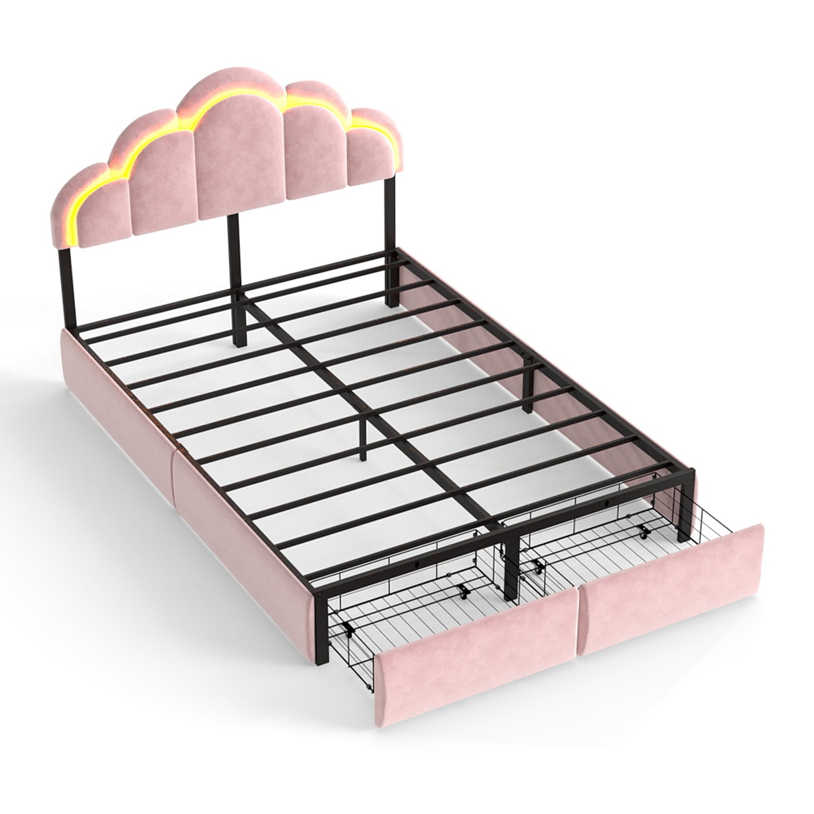 RGB LED Velvet Upholstered Platform Bed with Petal Headboard and Storage Drawers for Kids Bedroom in Pink, Wood+Metal Construction