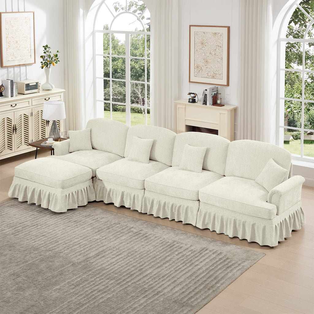 Classic Three Seater Modular L Shaped Sectional Couch with Flared Arms and Removable Ruffles Pleats Skirts and Spindle Legs, Comfy Chenille Four-Seat Deep Seat Sofa with Movable Ottoman, Beige White